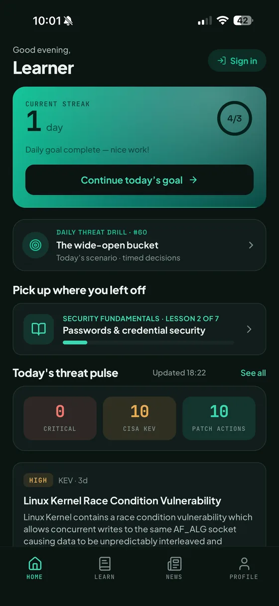 Home: streak, today's Daily Threat Drill, and the live threat pulse